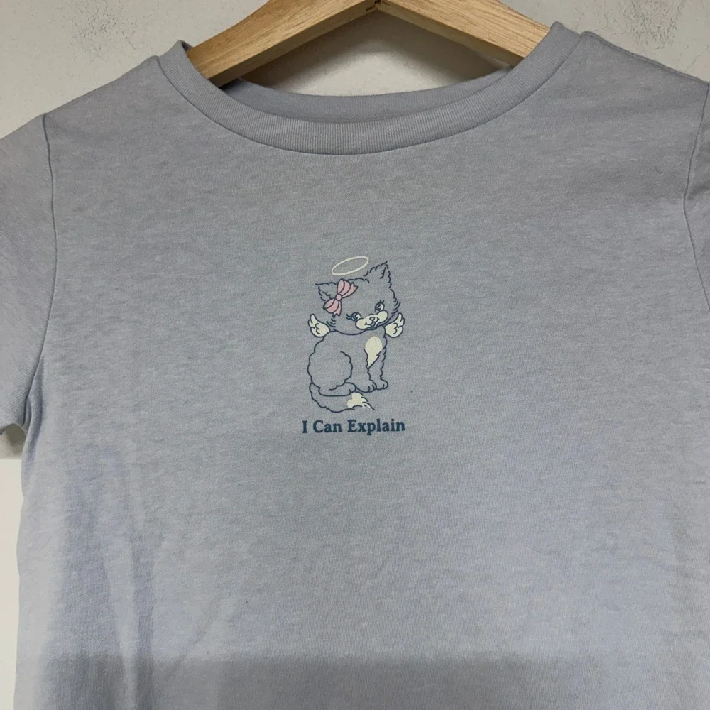 OshKosh Bgosh Girls Light Blue Cat Angel Graphic Tee Shirt Size S 6-7